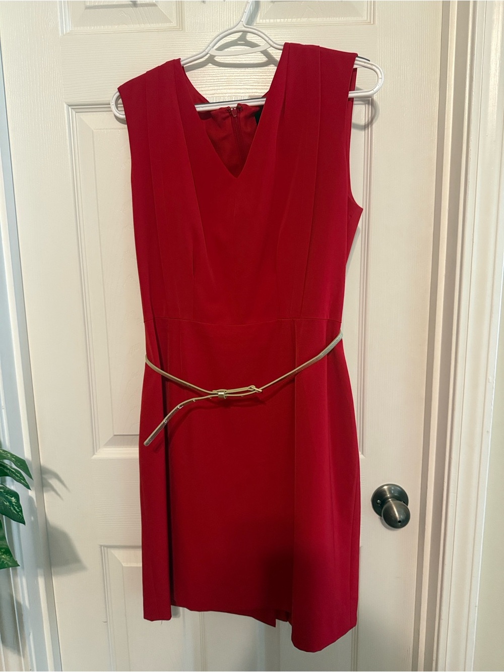 Classic Red V-Neck Midi Dress with Slim Belt